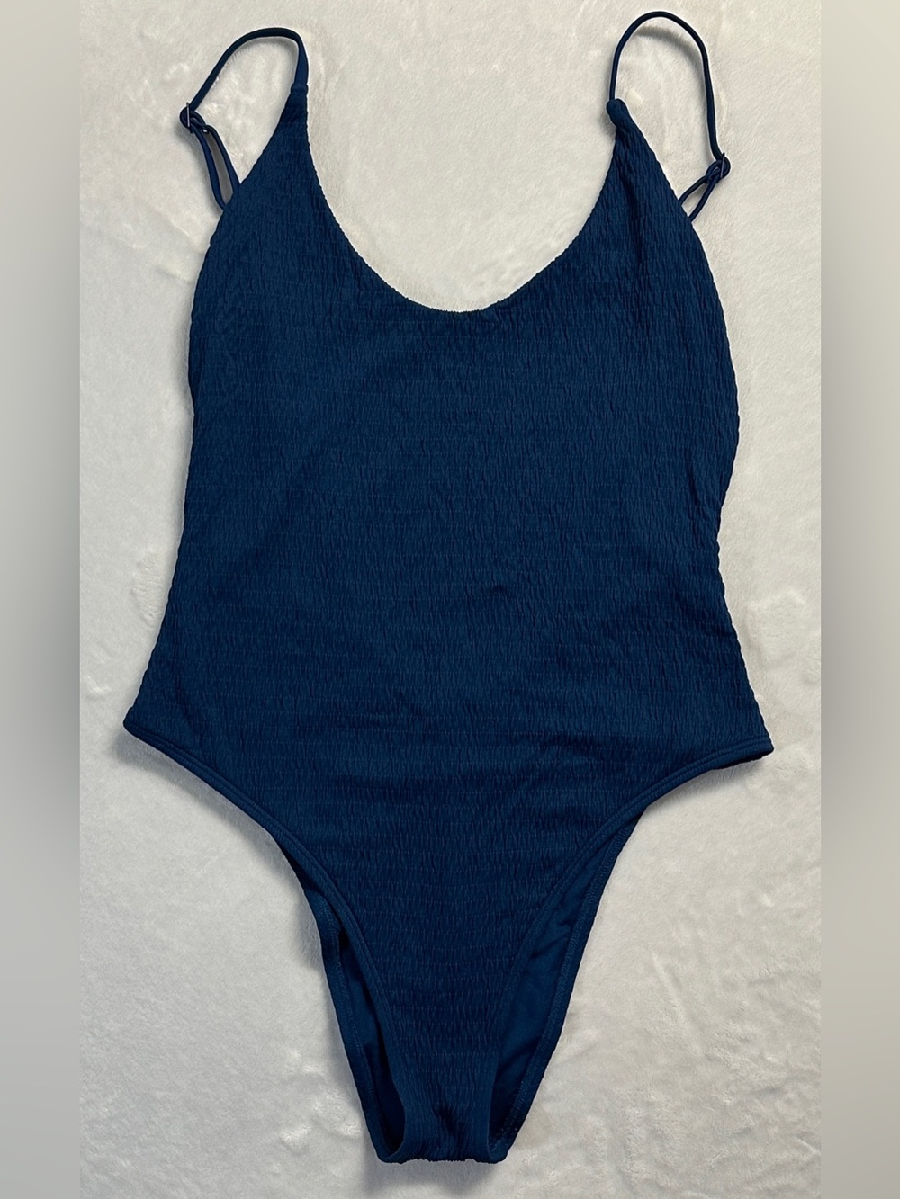 AERIE women's navy open back scoop neck cheeky one piece bathing suit, M.